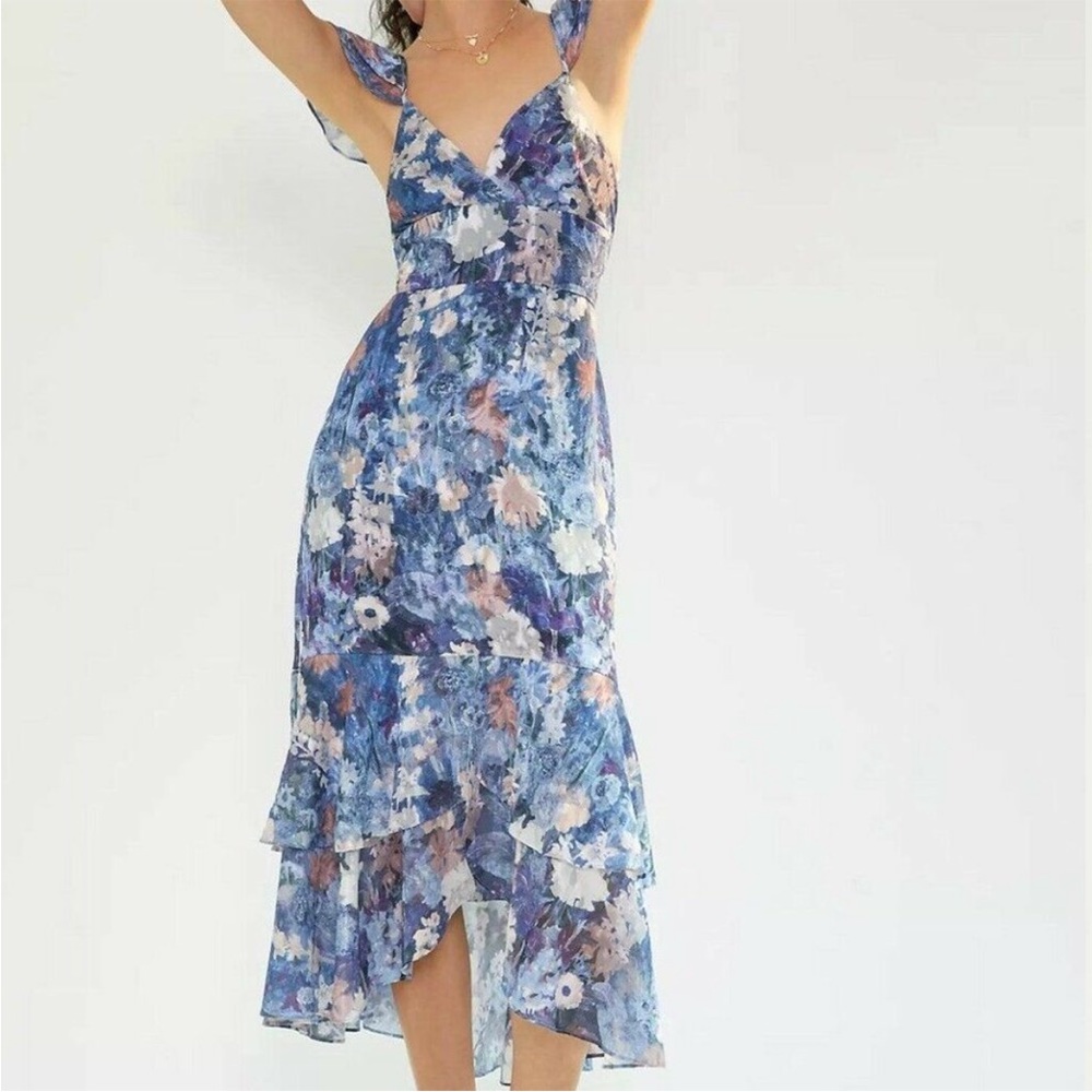 ANTHROPOLOGIE Hutch Tiered Ruffled Midi Dress Blue Floral Watercolor